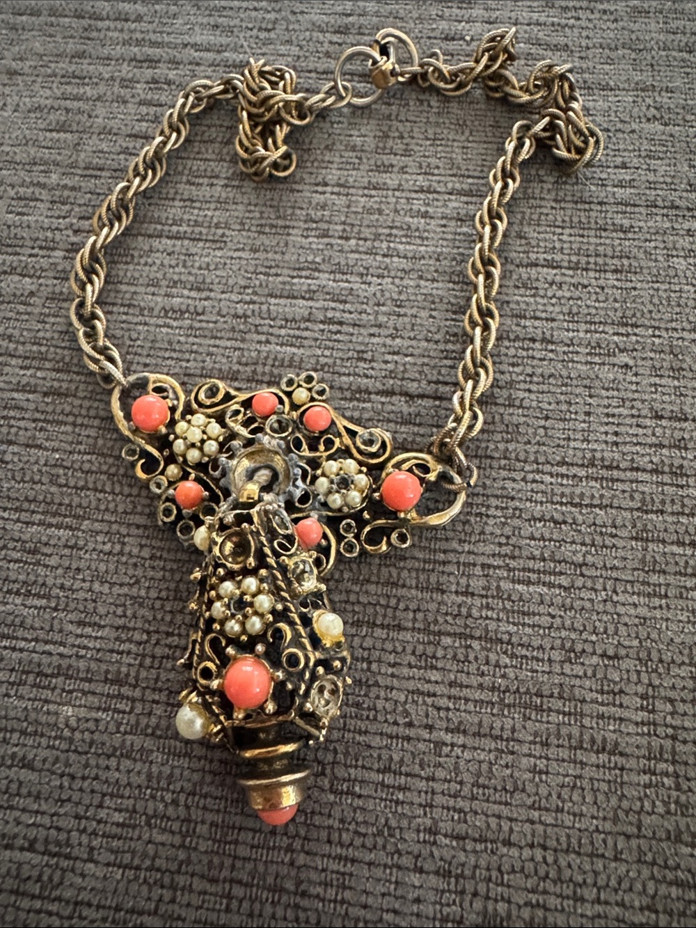 Vintage Brass Our Lady of San Juan de los Lagos Filigree Necklace Faux Coral